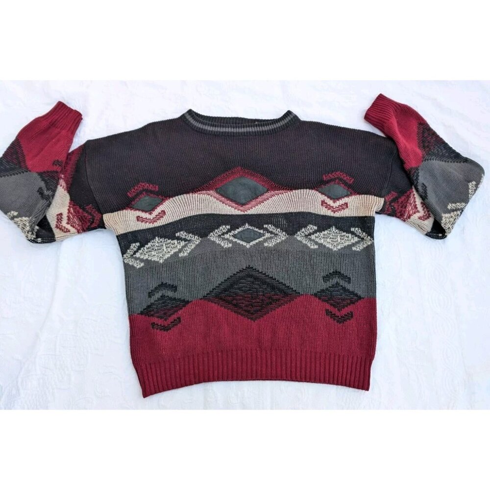 Vtg Impact Sweater Mens XL Southwestern Leather Accents 90s Y2K Retro Geometric